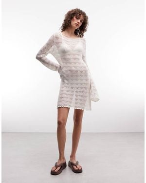 Monki Flared Sleeve Floral Crochet Mini Dress - White