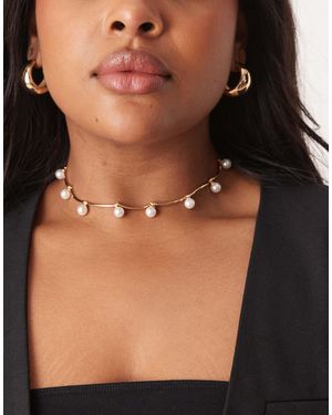 ASOS Asos Design Curve Choker Necklace With Dash And Faux Pearl Detail - Black