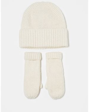 Pieces 2 Pack Gift Set Textured Beanie Hat And Mittens - White