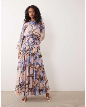 ASOS Long Sleeve Blouson Maxi Dress With Gauged Ruched Waist Detail - Pink