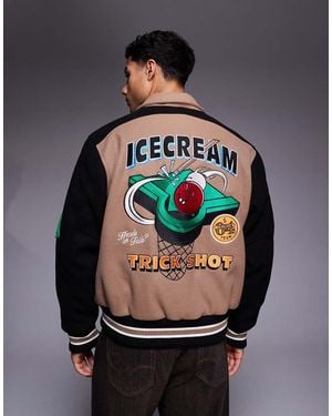 ICECREAM Trick Shot Logo Varsity Jacket With Contrast Sleeves - Grey