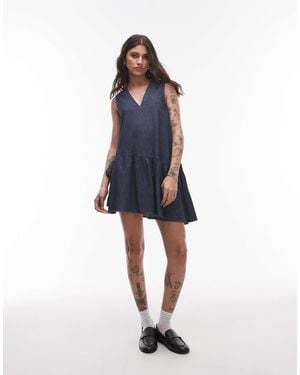 TOPSHOP Denim Mini Dress With Peplum Hem And Bow Detail - Blue