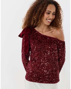 Threadbare Sequin Slash Neck Top With Bow Detail - Red
