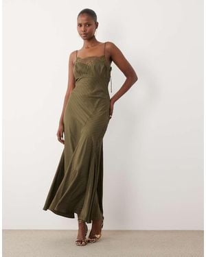 ASOS Striped Satin Cami Slip Maxi Dress With Lace Trim - Green