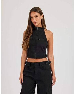 CERNUCCI Twill Fitted Funnel Neck Sleeveless Top - Black