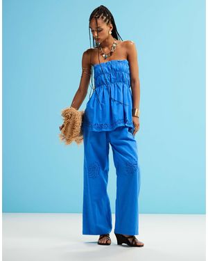 SNDY'S Linen Blend Poplin Flower Applique Wide Leg Pants - Blue