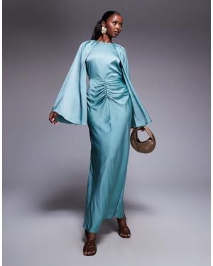 ASOS Satin Long Sleeve Maxi Dress With Central Ruched Skirt - Blue