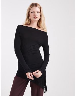 Miss Selfridge Lace Trim Slinky Asymmetric Top - Black