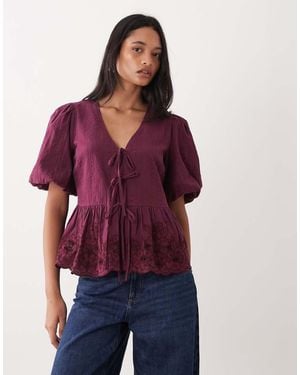 Nobody's Child Aries Puff Sleeve Bow Detail Embroidered Blouse