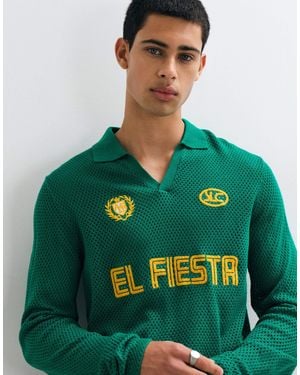 ASOS Locker gestricktes polo mit offenem strick, football-stil, schlitzkragen und langen ärmeln - Grün