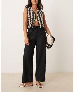 Threadbare Belted Linen Blend Wide Leg Trousers - Black
