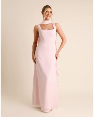 Six Stories Bridesmaid Crepe Square Neck Maxi Dress With Scarf Neck - Pink
