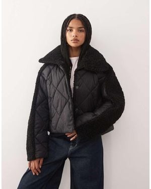 Noisy May Collar Detail Quilted Short Coat With Teddy Insert - Black