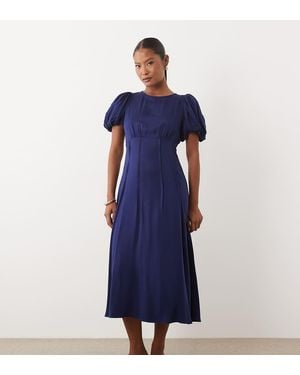 Nobody's Child Petite Quinn Satin Puff Sleeve Midi Tea Dress - Blue