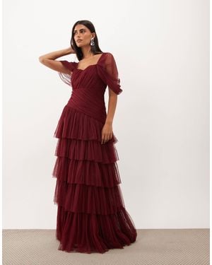 LACE & BEADS Tulle Fallen Shoulder Asymmetric Ruffle Detail Maxi Dress - Red
