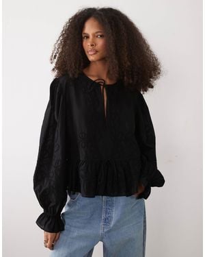 Mango 100% Cotton Cinched Waist Blouse - Black