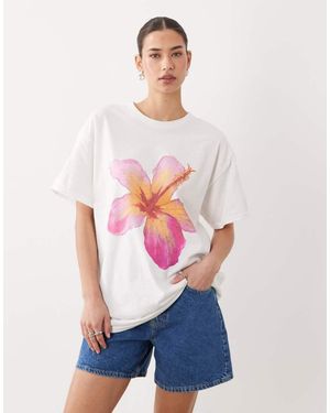 Miss Selfridge Oversized T-Shirt With Hibiscus Print - White