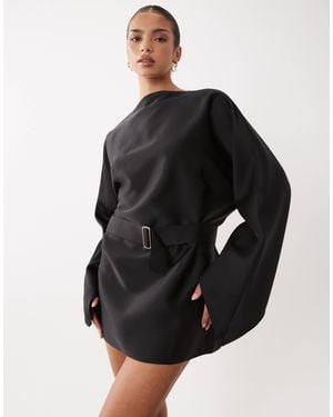 Lioness Touch Satin Slash Neck Flared Sleeve Belted Mini Dress - Black