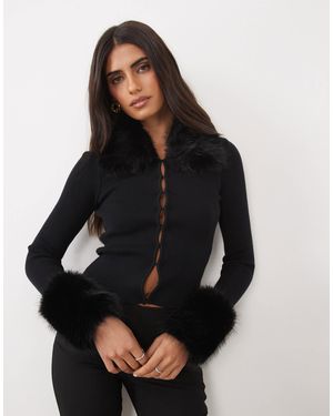 The Frolic Exclusive Knitted Faux Fur Collar & Cuff Cardigan - Black