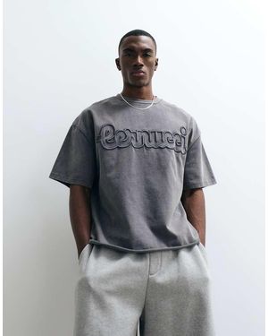 CERNUCCI Camiseta Gris Lavado De Corte Cuadrado Con Logo Bordado De 100% Algodón