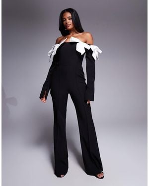 ASOS Satin Bow Off-shoulder Jumpsuit - Blue