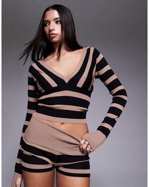 I.AM.GIA Suzi - sweat à capuche ajusté à rayures avec col en v et manches longues - noir et beige - Gris