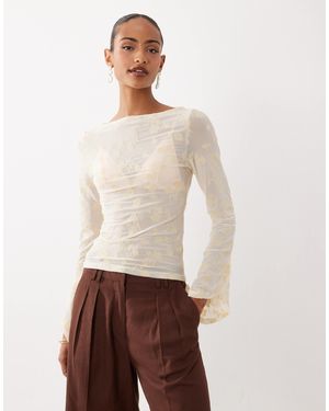ASOS Flocked Mesh Floral Fluted Sleeve Top - White