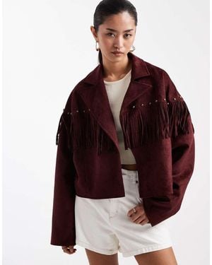 Miss Selfridge Faux Suede Crop Fringe Stud Jacket - Brown