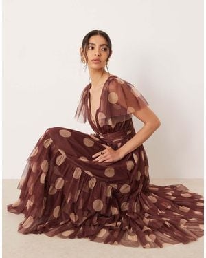 LACE & BEADS V Neck Tulle Midi Dress - Brown