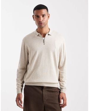 Jack & Jones Quarter Zip Knitted Polo - Natural