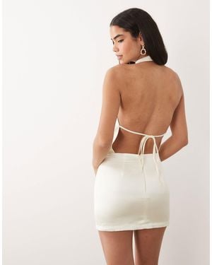 Aria Cove Satin High Neck Fitted Skirt Mini Dress - White