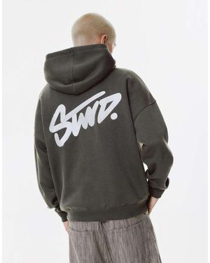 Pull&Bear Stwd Embroidered Logo Hoodie - Grey