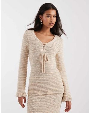 4th & Reckless Textured Knit Tie Front Detail Long Sleeve Top Co-ord - Natural