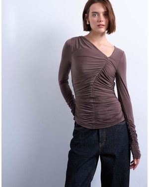 TOPSHOP Asymmetric Ruched Long Sleeve Top - Purple