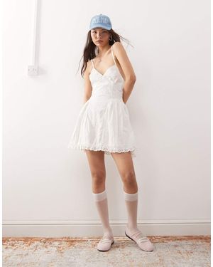 Reclaimed Vintage Mini Broderie Summer Dress With Ruffles And Dropped Waist - Natural