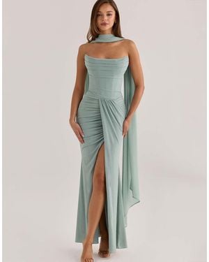 House Of Cb Portia Jade Crepe Strapless Maxi Dress With Detachable Georgette Cape - Blue