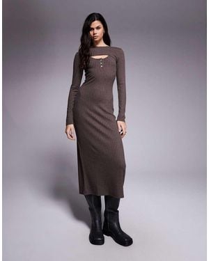 ASOS Ribbed Long Sleeve Button Scoop Maxi Dress With Cardigan Detail - Purple