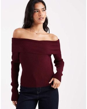 Miss Selfridge Ribbed Bardot Long Sleeve Knitted Top - Red