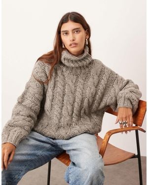 ARRANGE Hand Knit High Neck Cable Knit Sweater - Brown