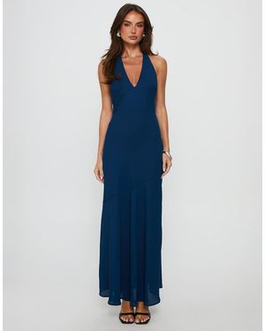 Princess Polly Chiffon Halterneck Asymmetric Hem Maxi Dress - Blue