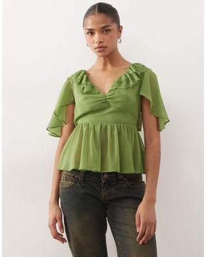 Reclaimed Vintage Chiffon Tea Top With Floaty Sleeves And Lace Collar - Green