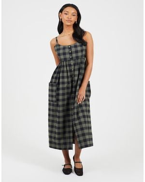 Brave Soul Button Down Strappy Plaid Midi Dress With Pockets - Green