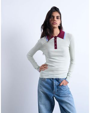 TOPSHOP Knitted Contrast Collar Sheer Rib Polo - White