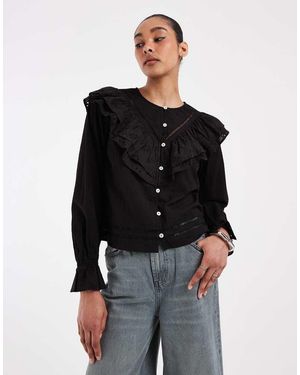 Neon Rose Blusa A Maniche Lunghe Nera Con Colletto Con Volant E Bottoni - Nero