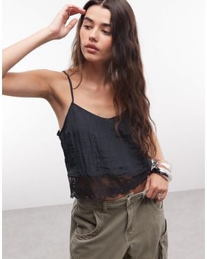 Monki Textured Satin Lace Top - Black