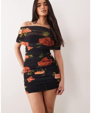 ASOS Draped Shoulder Mesh Mini Dress With Ruching - Black