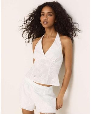 Stradivarius Embroidered Halter Top - White