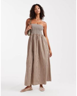 New Look Geruite Gesmokte Midi Bandeau-Jurk - Naturel