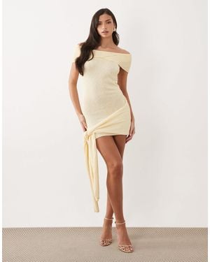 Aria Cove Boucle Knit Twist Bardot Knot Drape Front Mini Dress - Natural