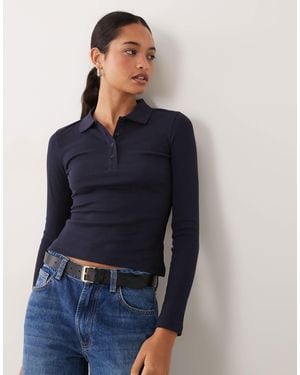 Brave Soul Long Sleeve Ribbed Polo Top - Blue